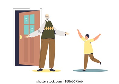 Happy little boy running to hug his grandfather. Grandson visiting grandparents. Senior man welcoming grandchild. Cartoon flat vector illustration