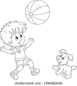 Happy little boy running and playing a big striped ball with his cute merry pup on summer vacation, black and white outline vector cartoon illustration for a coloring book page