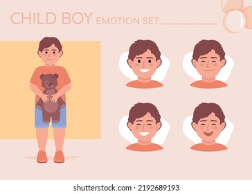 Happy little boy semi flat color character emotions set. Editable facial expressions. Childhood vector style illustration for motion graphic design and animation. Quicksand font used