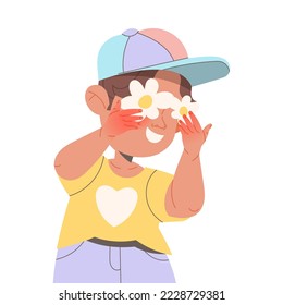 Happy Little Boy Sharing Positive Vibes Covering Eyes with Meadow Flower Vector Illustration