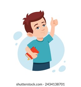 Happy Little boy Shows thumbs up. Child show Thumb Up Sign. Young Male Character with Positive Face Expression. Approval concept. Likes on social networks. Vector flat illustration cartoon style.
