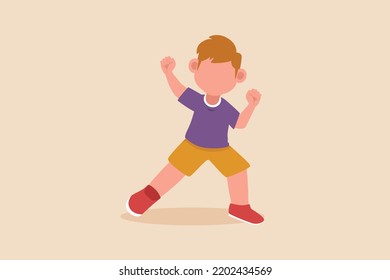 Felices programas de niños ganan gesto de expresión de puño. Ánimo a posar concepto. Ilustraciones vectoriales planas aisladas. 