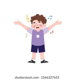 Happy Little Boy Singing Joyful Child Music Illustration Cartoon Kid Purple Shirt