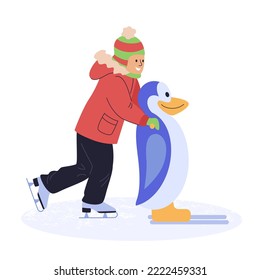 Feliz niño patinando en pista de hielo con pingüino de apoyo al aire libre en invierno. Niños activos en vacaciones de invierno. Ilustración vectorial plana aislada en fondo blanco