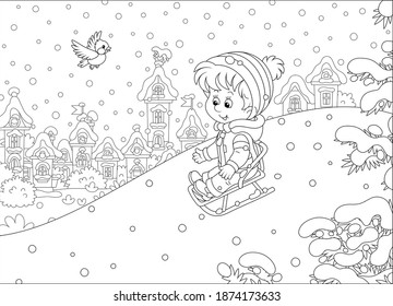 Happy little boy sledding down a snow hill on a playground in a snowy park on a beautiful frosty day on winter holidays, black and white outline vector cartoon illustration for a coloring book page