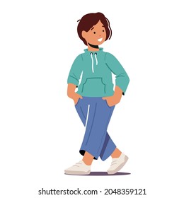 Happy Little Boy Smiling. Child Character Happy Emotion, Positivity, Happiness and Childhood Concept. Kid in Fashionable Clothes Jeans and Hoodie. Isolated Cartoon People Vector Illustration, Clipart
