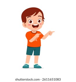 Happy Little Boy Smiling and Pointing Fingers to the Right Side with Cartoon Illustration