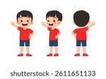 Happy little boy smiling and waving hand front and back view illustration isolated white background