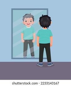 happy little boy standing in front of mirror looking his reflection with new clothes