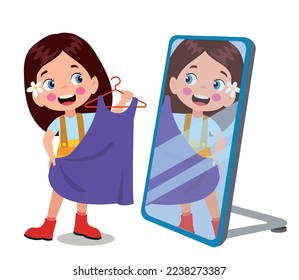 happy little boy standing in front of mirror looking his reflection with new clothes