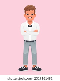 A happy little boy stands with his arms crossed. A beautiful cute schoolboy child in a white shirt with a bow tie. Vector cartoon illustration on a pink background.