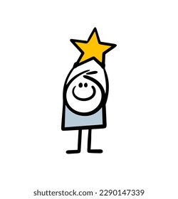 Happy little boy stickman holds a big gold star in rising up hands above his head. Vector illustration of cute hand drawn character.