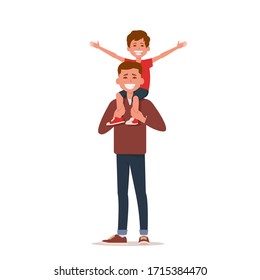 Happy little boy stretching out hands while his father carrying him on shoulders. Father's Day concept. Vector flat isolated on white.