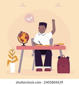 Happy little boy student raising hand asking question sitting at his desk in classroom. Smart schoolboy at workplace desk. Education process. flat vector illustration