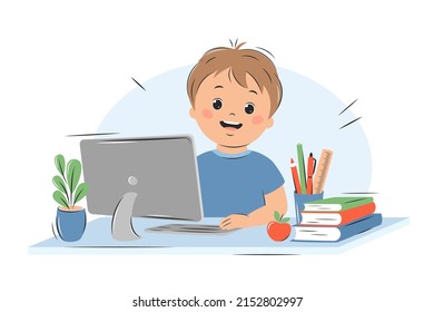 Happy little boy studies with computer and books. Online education, home school concept. Vector illustration