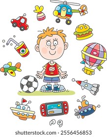 Happy little boy surrounded by his funny toys, vector cartoon illustration on a white background