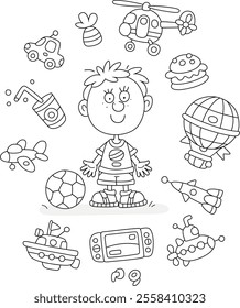 Happy little boy surrounded by his funny toys, black and white outline vector cartoon illustration for a coloring book