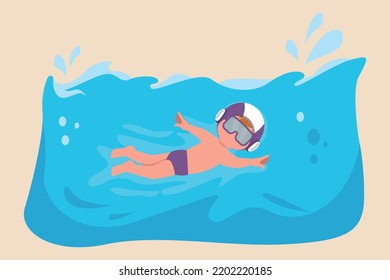 Happy little boy swimming in a pool. Water polo concept. Vector illustration.