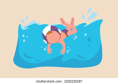 Happy little boy swimming in a pool. Water polo concept. Vector illustration.