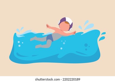 Happy little boy swimming in a pool. Water polo concept. Vector illustration.