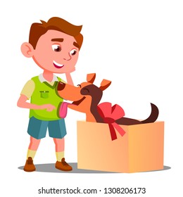 Happy Little Boy Takes Out Of Gift Box A Dog Vector. Isolated Illustration