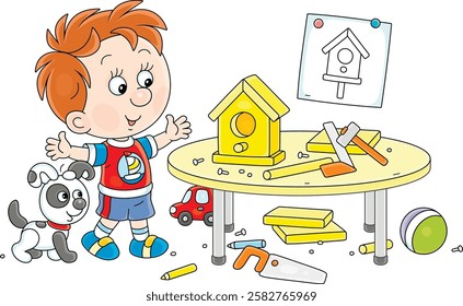 Happy little boy with a tool kit made a small wooden birdhouse in his home workshop, vector cartoon illustration on a white background