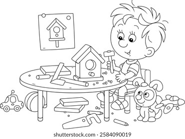 Happy little boy with a tool kit building a small wooden birdhouse in his home workshop, black and white outline vector cartoon illustration for a coloring book