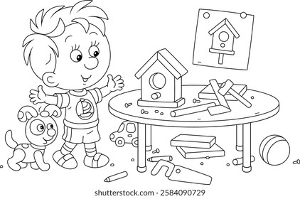 Happy little boy with a tool kit made a small wooden birdhouse in his home workshop, black and white outline vector cartoon illustration for a coloring book