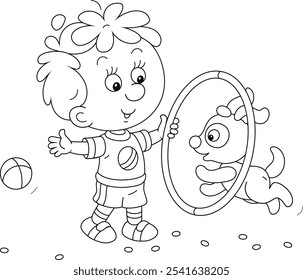 Happy little boy with a toy hoop playing and training his cheerful small puppy, black and white outline vector cartoon illustration for a coloring book page