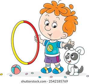 Happy little boy with a toy hoop playing and training his cheerful small puppy, vector cartoon illustration on a white background