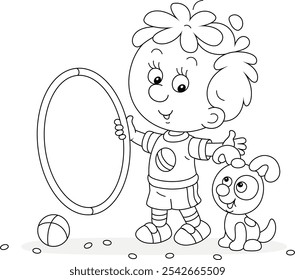 Happy little boy with a toy hoop playing and training his cheerful small puppy, black and white outline vector cartoon illustration for a coloring book page