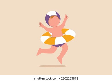 Happy little boy using floating ring before to swimming pool. Water polo concept. Vector illustration.