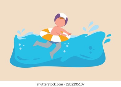 Happy little boy using inflatable swim ring while swimming in a pool. Water polo concept. Vector illustration.