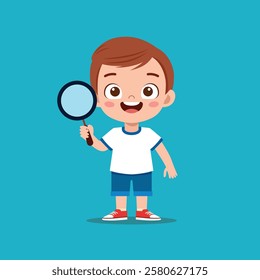Happy Little Boy Using a Magnifying Glass - Cartoon Vector Illustration