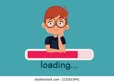 
Happy Little Boy Waiting for Web Page to Load Vector Cartoon. Cheerful child sitting on a progress bar checking download timer
