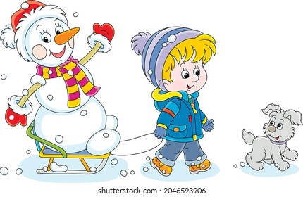 Happy little boy walking with his merry pup and sledding a funny snowman, vector cartoon illustration isolated on a white background