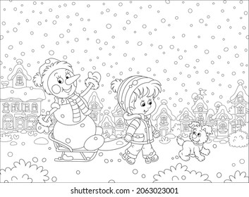 Happy little boy walking with his merry pup and sledding a funny snowman down a snow-covered street of a pretty small town on a beautiful snowy winter day, black and white vector cartoon