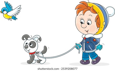 Happy little boy walking with his funny puppy and watching a merry small bird in a winter park, vector cartoon illustration on a white background