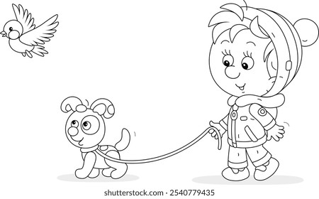 Happy little boy walking with his funny puppy and watching a merry small bird in a winter park, black and white outline vector cartoon illustration for a coloring book