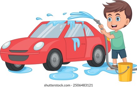 happy little boy washing car cartoon