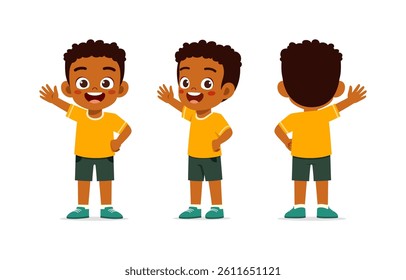 Happy Little Boy Waving Hand in Different Views Cartoon Illustration Design