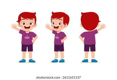 Happy Little Boy Waving Hand Front and Back View, Cheerful Kid Posing, Colorful Cartoon Illustration