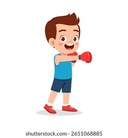 Menino feliz usando luvas de boxe soco com expressão de sorriso na ilustração de desenho animado