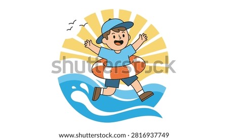 Happy little boy wearing an orange inflatable ring and running joyfully on the ocean waves on a hot summer day.