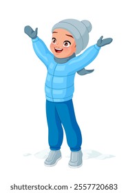 Happy little boy in winter clothes with raised arms playing outside. Hello winter cartoon vector illustration isolated on white background.