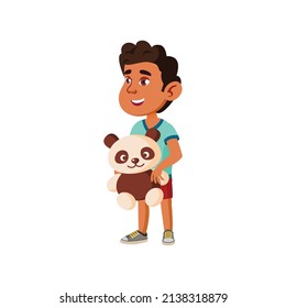 happy little boy won bear toy in amusement park cartoon vector. happy little boy won bear toy in amusement park character. isolated flat cartoon illustration