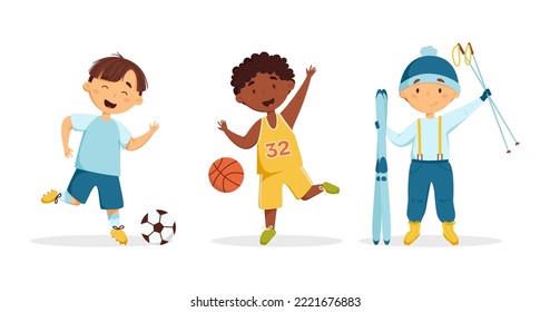 Happy little boys doing different sports vector set. Children's activities. Kids play football, basketball, and skiing. Illustration for children's products, sites and invitations