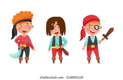 Happy little boys dressed in pirate costumes holding daggers set cartoon vector illustration