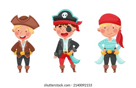 Happy little boys dressed in pirate costumes having fun at pirate party cartoon vector illustration