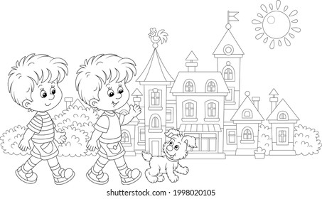 Happy little boys friendly smiling, talking and walking with their merry pup along a pretty street of a small town on a sunny summer day, black and white outline vector cartoon illustration